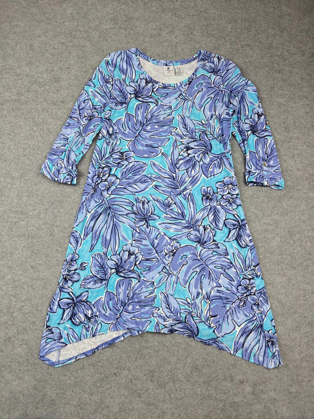 Caribbean Joe Dress Womens S Blue Floral T-Shirt Dress 3/4 Roll Tab Button